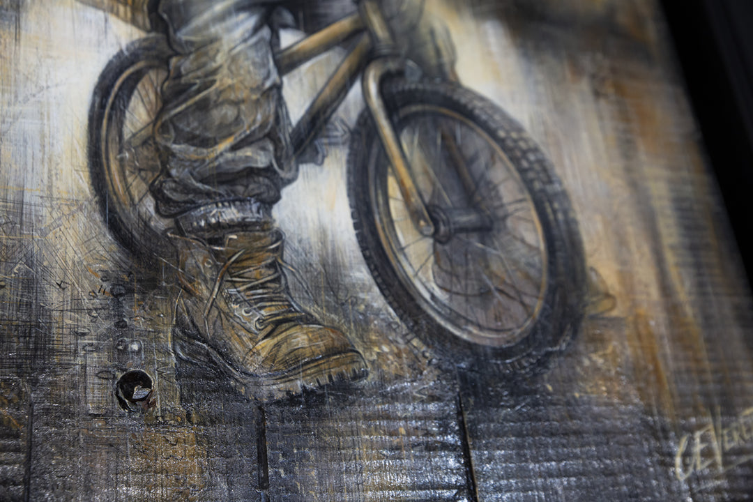 Boy on Bike - Original Painting on palette wood